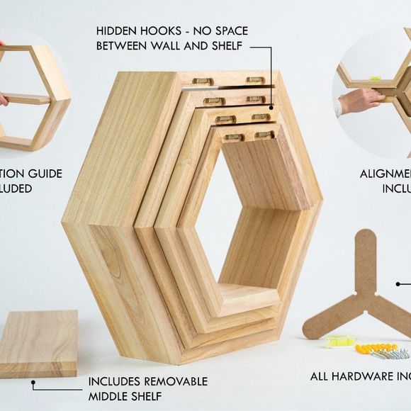 Floating Shelves - Natural Hexagon Shelves Set of 4 - wall decor - Picture 8 of 10